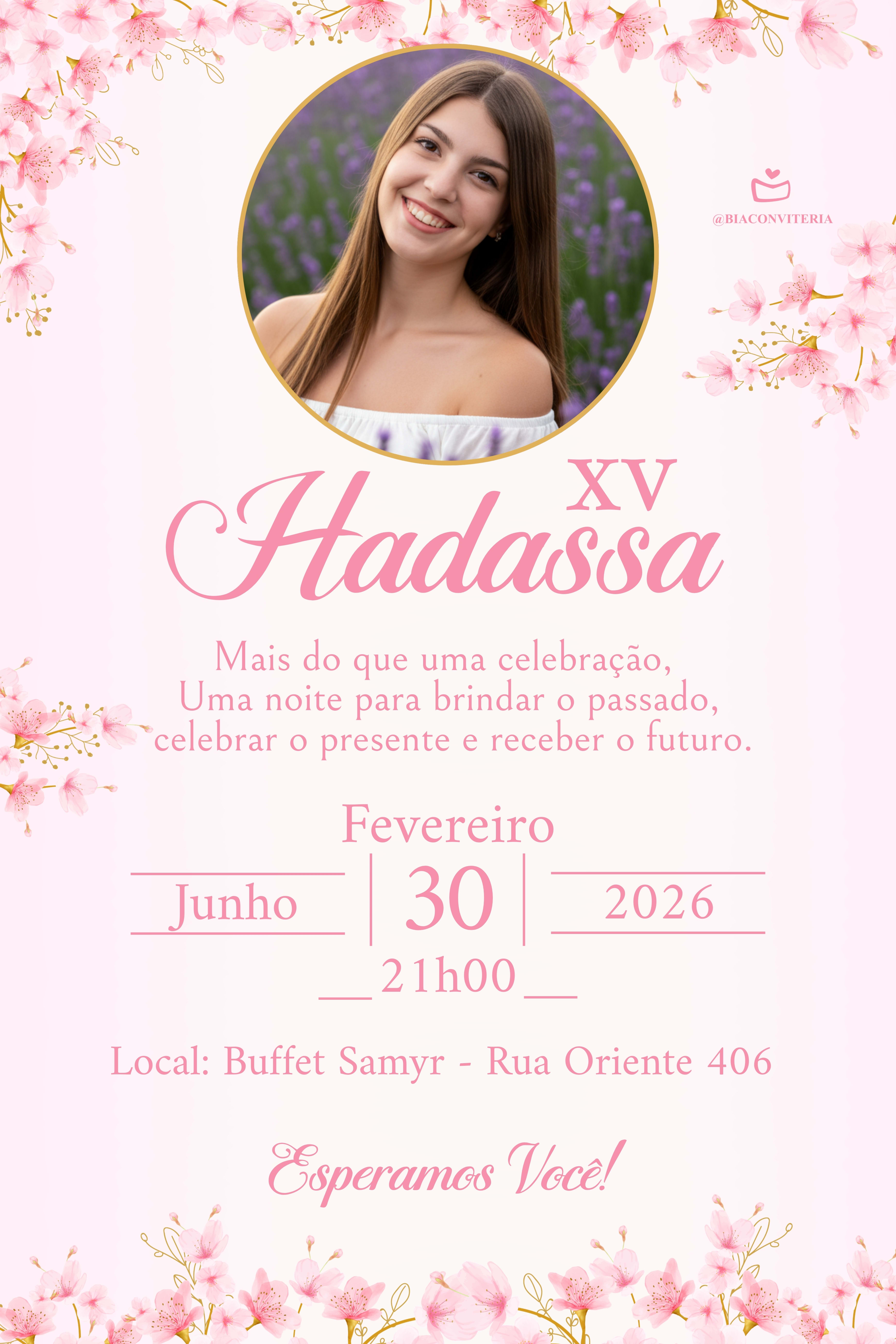 Convite Tradicional - 15 Anos flores rosa claro  — imagem principal